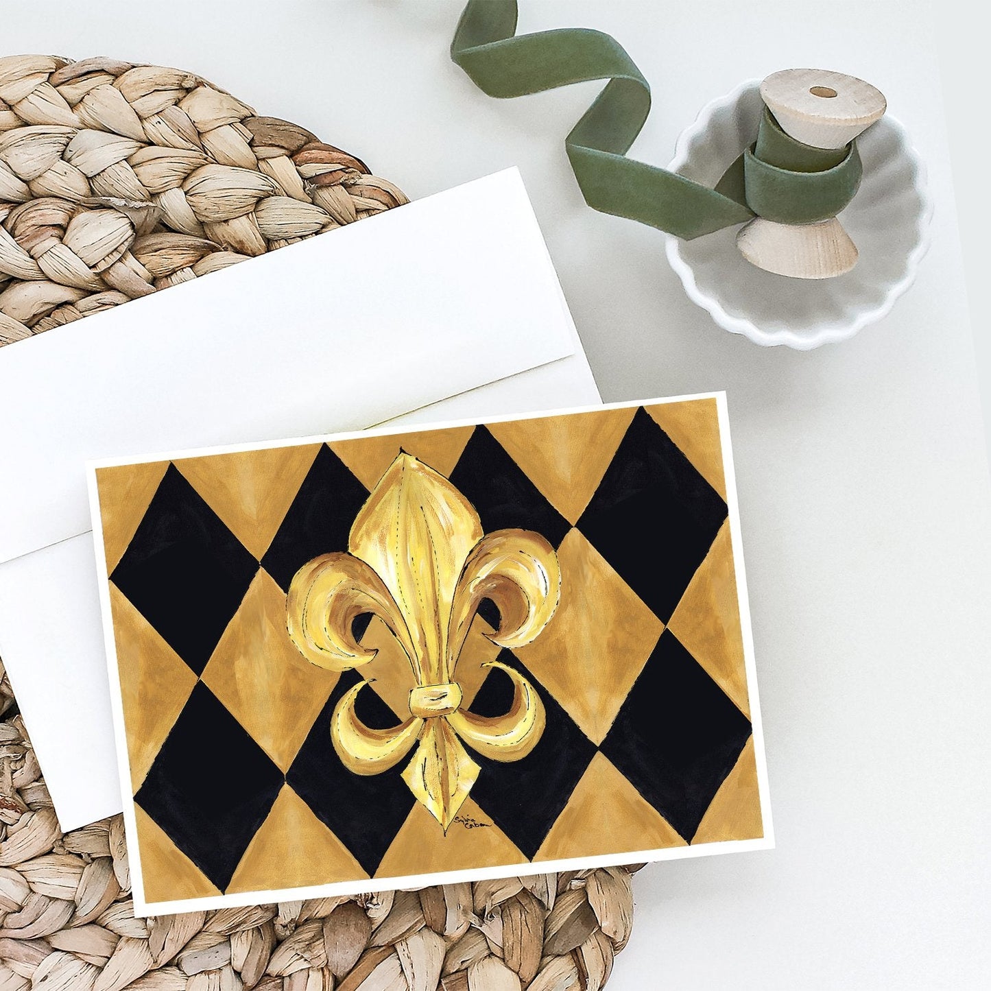 Black and Gold Fleur de lis New Orleans Greeting Cards and Envelopes Pack of 8