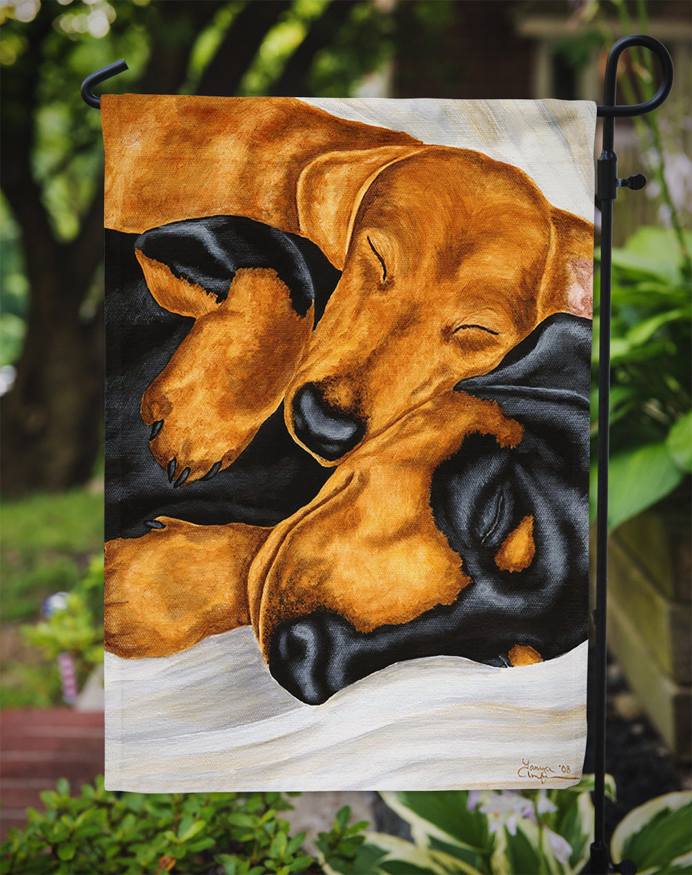 Dachshund Snuggles Garden Flag - Outdoor Decorative Yard Flag