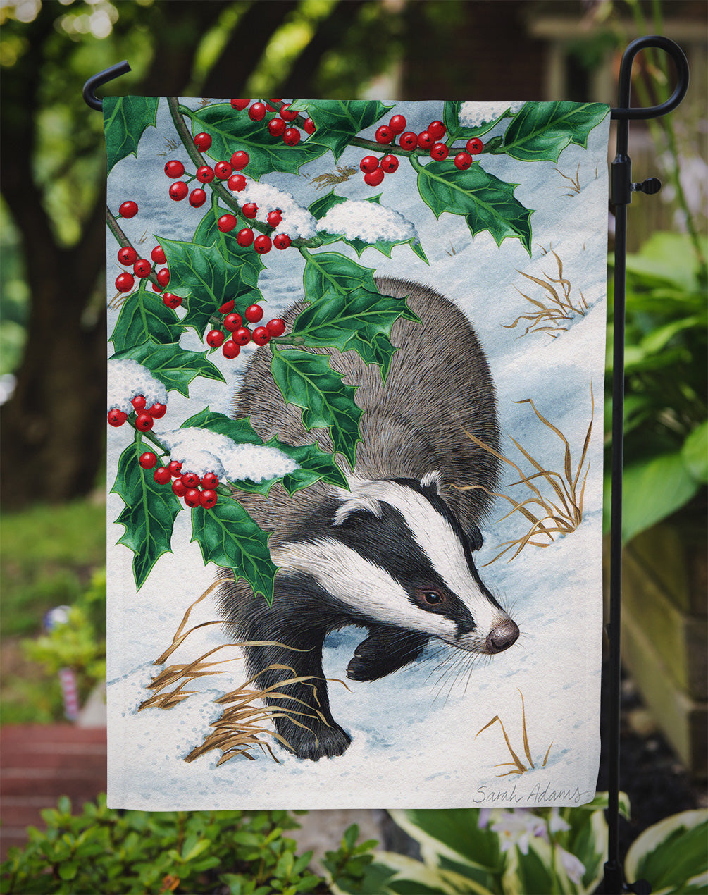 Badgers with Holly Berries Garden Flag – Decorative Outdoor Yard Flag ASA2039GF