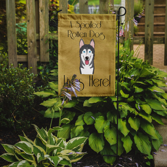 Alaskan Malamute Spoiled Dog Lives Here Garden Flag – Funny Gold Background Dog Decor BB1466GF