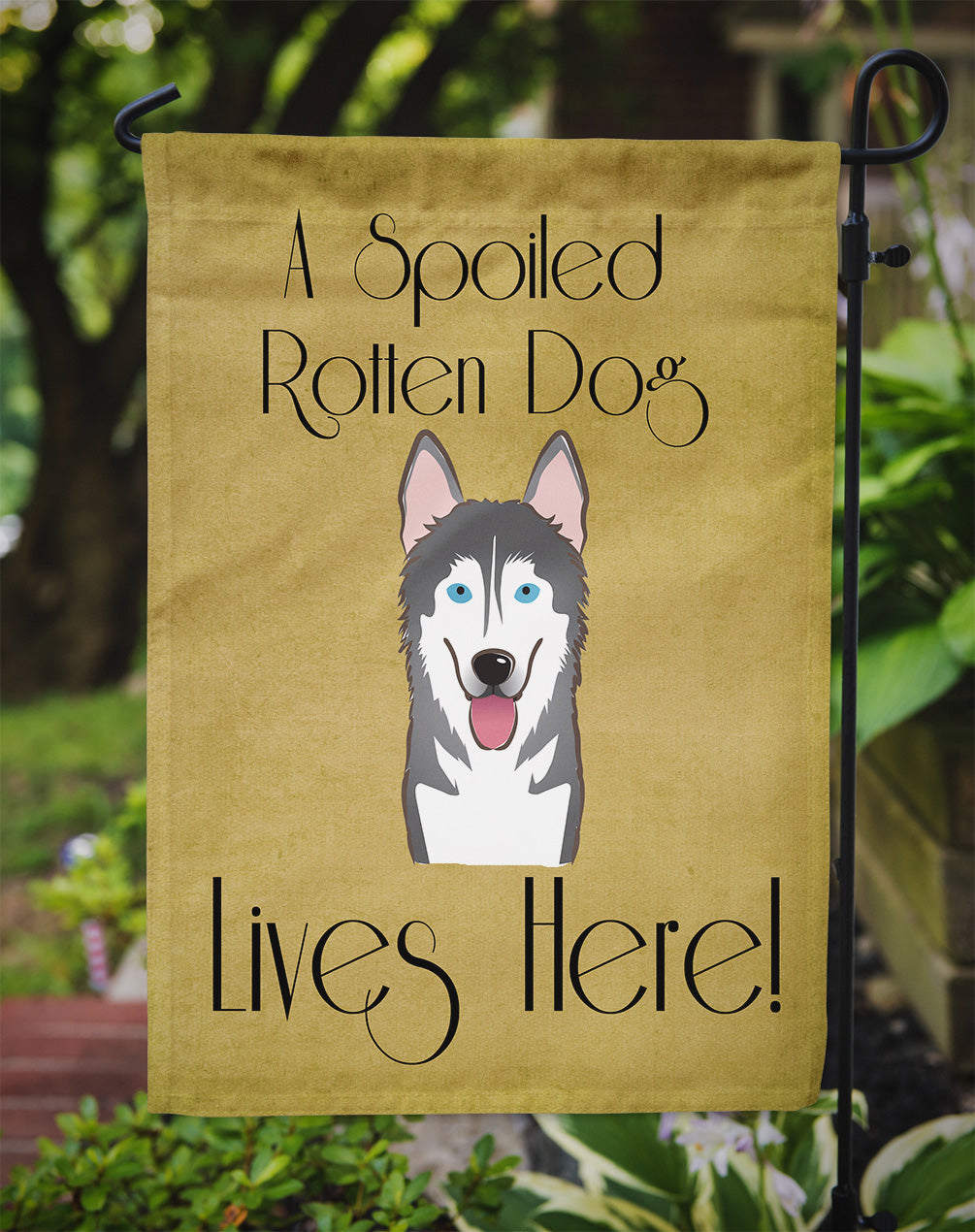 Alaskan Malamute Spoiled Dog Lives Here Garden Flag – Funny Gold Background Dog Decor BB1466GF