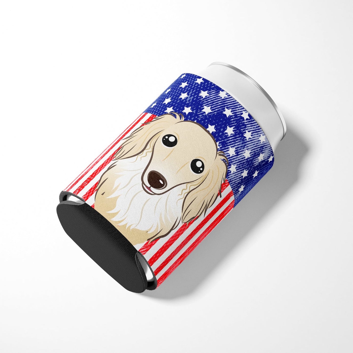 American Flag and Longhair Creme Dachshund Can or Bottle Hugger BB2142CC