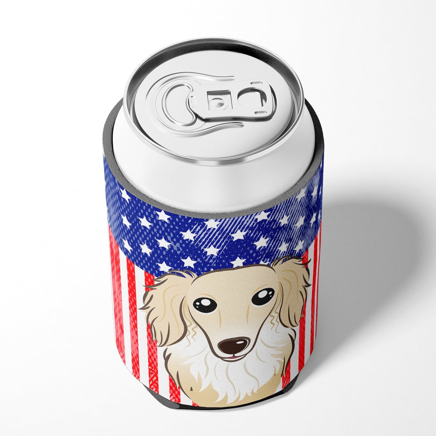 American Flag and Longhair Creme Dachshund Can or Bottle Hugger BB2142CC