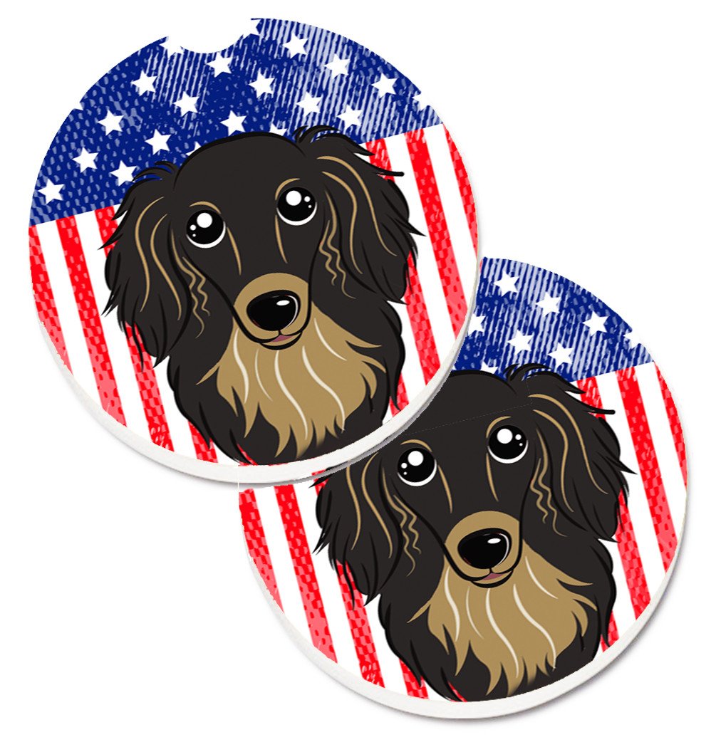 American Flag and Longhair Black and Tan Dachshund Car Coasters – Set of 2 - Absorbent Stone with Fun & Functional Artwork BB2143CARC