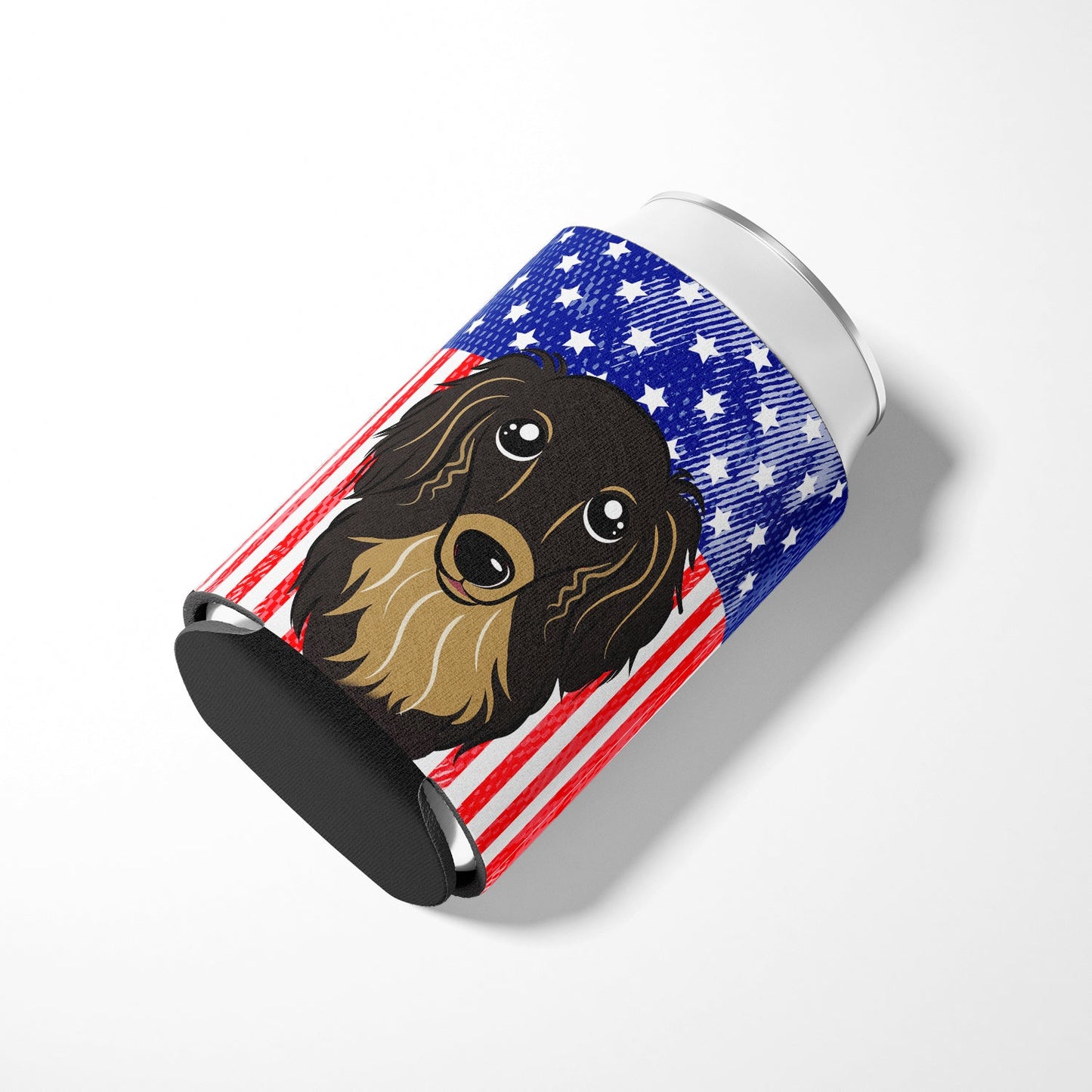 American Flag and Longhair Black and Tan Dachshund Can or Bottle Hugger BB2143CC
