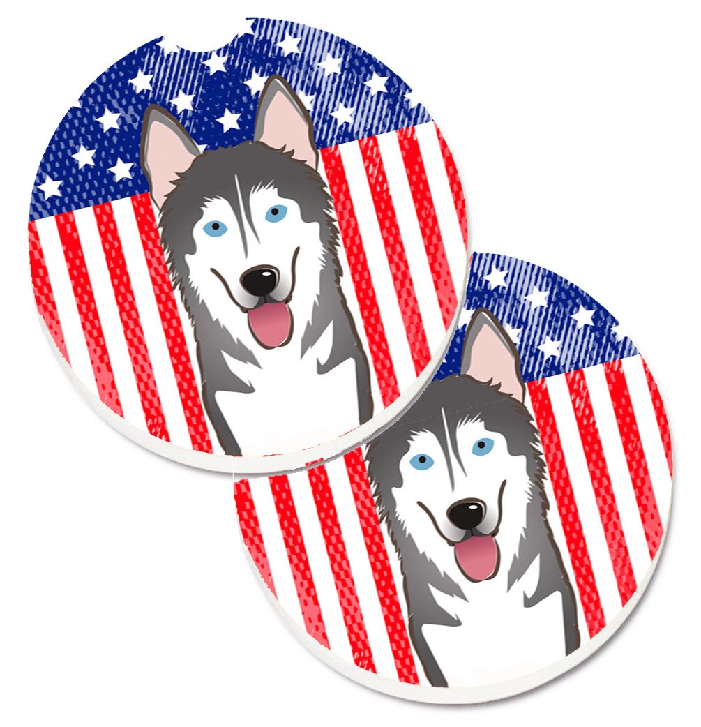 American Flag and Alaskan Malamute Car Coasters – Set of 2 - Absorbent Stone with Fun & Functional Artwork BB2148CARC