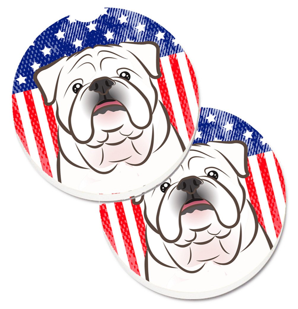 American Flag and White English Bulldog Car Coasters – Set of 2 - Absorbent Stone with Fun & Functional Artwork BB2150CARC