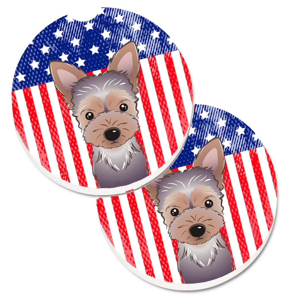 American Flag and Yorkie Puppy Car Coasters – Set of 2 - Absorbent Stone with Fun & Functional Artwork BB2162CARC