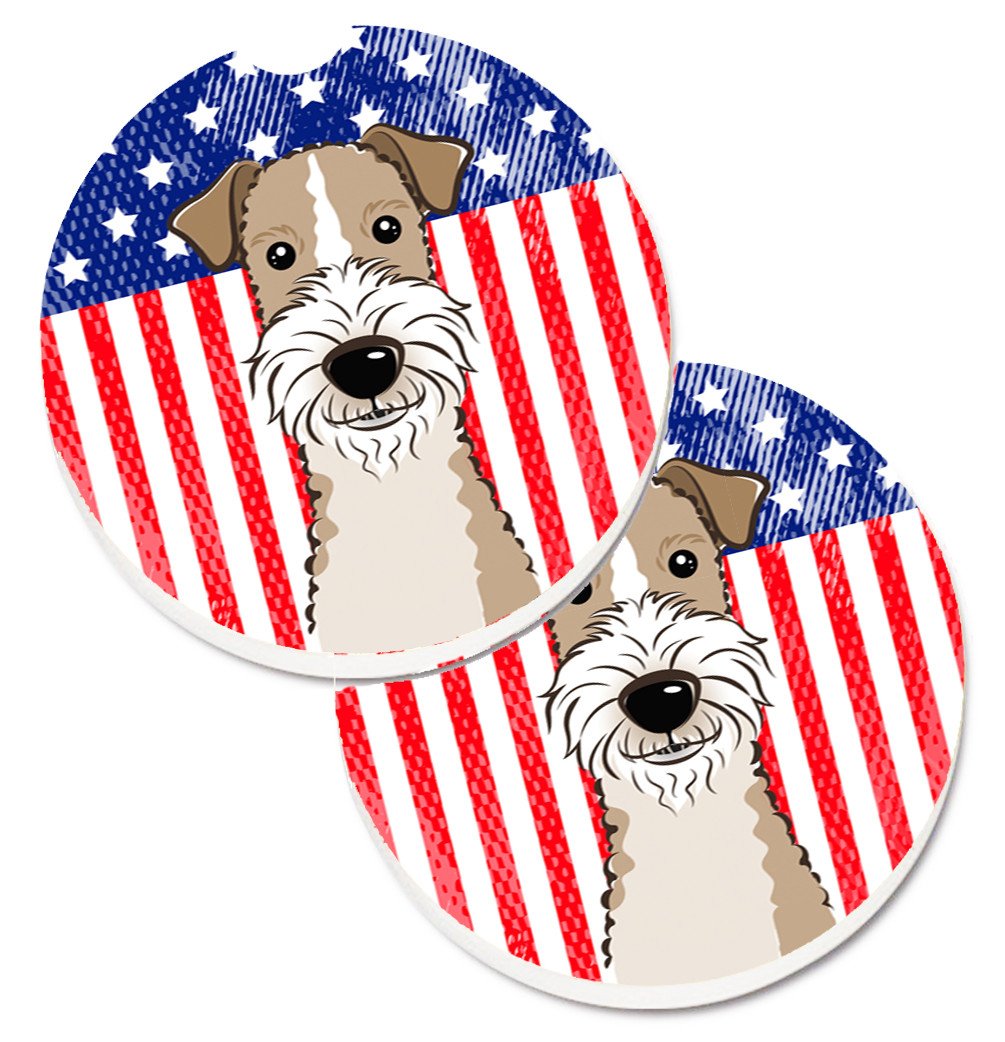 American Flag and Wire Haired Fox Terrier Car Coasters – Set of 2 - Absorbent Stone with Fun & Functional Artwork BB2177CARC