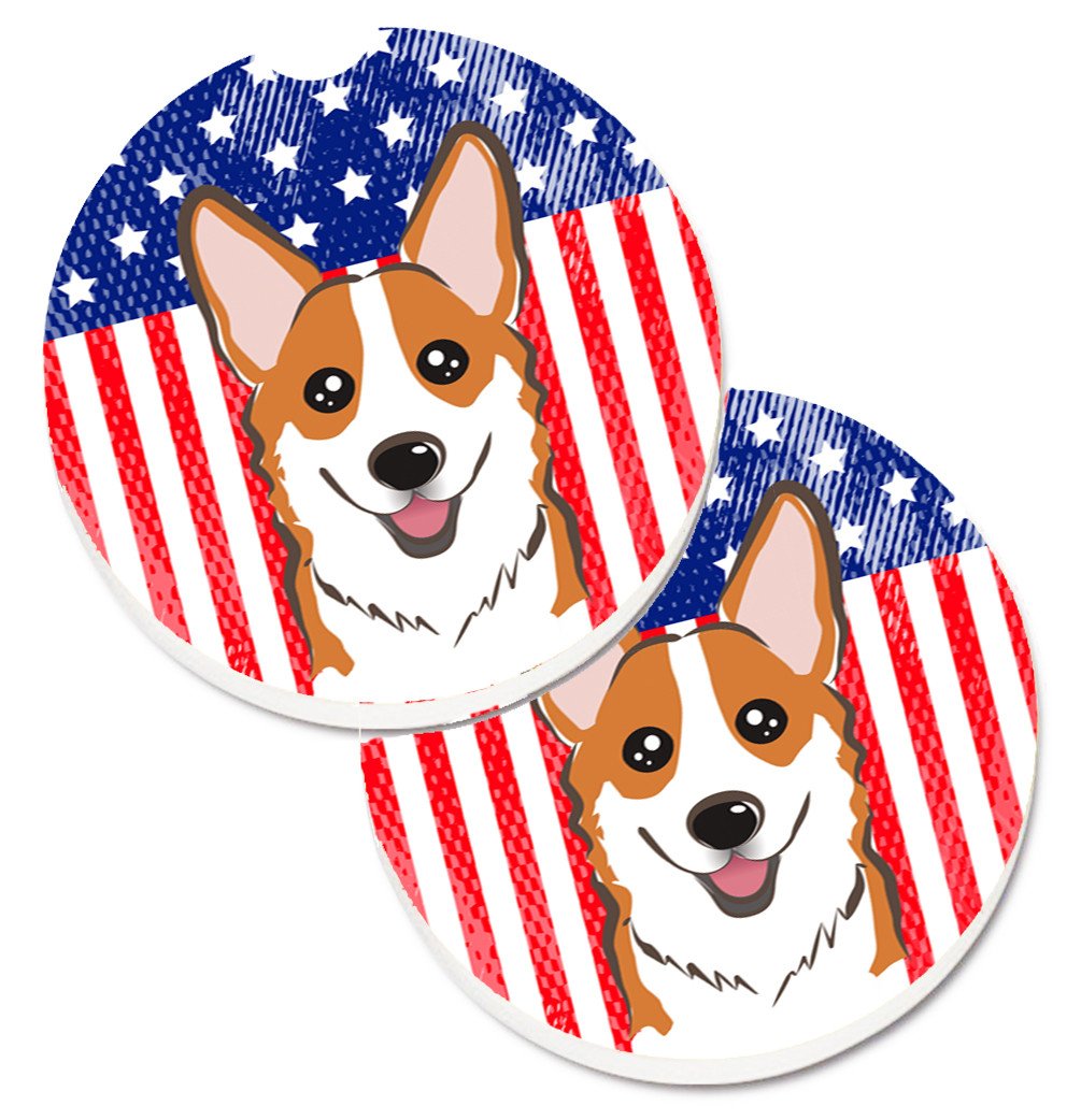 American Flag and Red Corgi Car Coasters – Set of 2 - Absorbent Stone with Fun & Functional Artwork BB2184CARC
