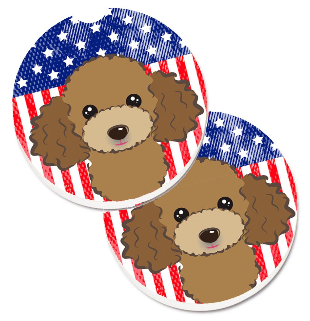 American Flag and Chocolate Brown Poodle Car Coasters – Set of 2 - Absorbent Stone with Fun & Functional Artwork BB2186CARC