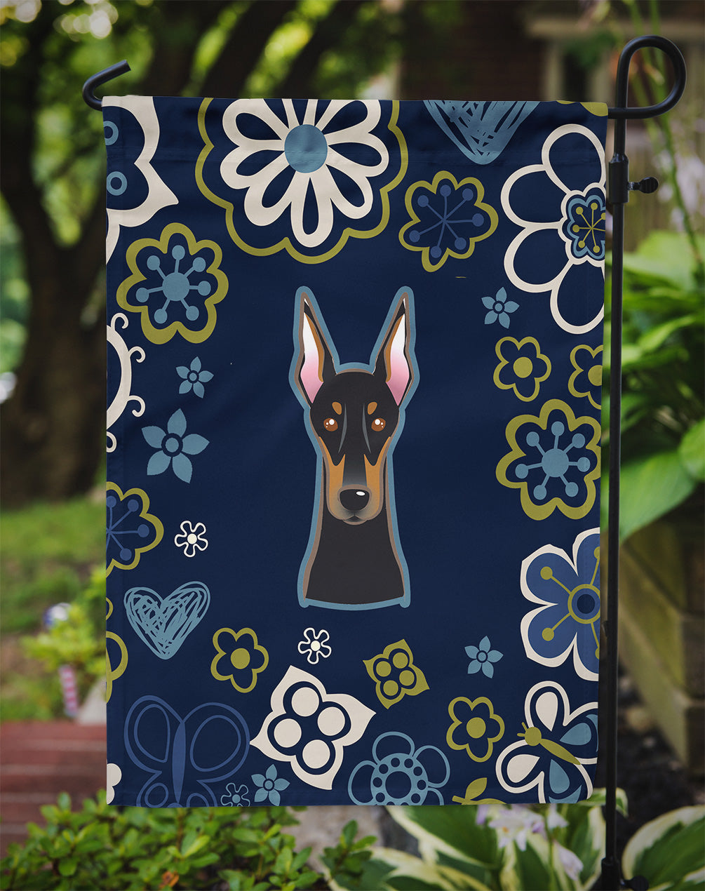 Blue Flowers Doberman Pinscher Flag Garden Size