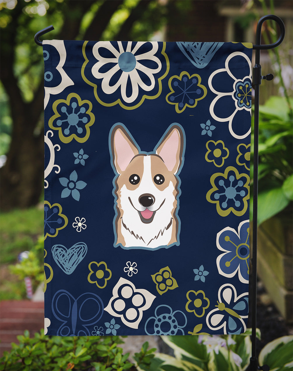 Blue Flowers Sable Corgi Flag Garden Size BB5104GF