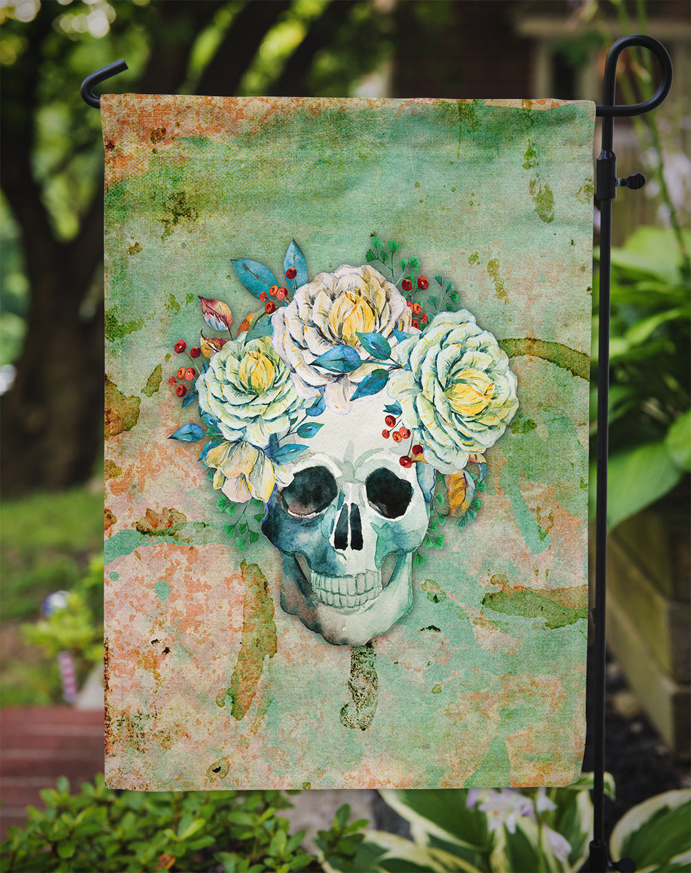 Day of the Dead Skull with Flowers Garden Flag - Outdoor Decorative Yard Flag BB5124GF