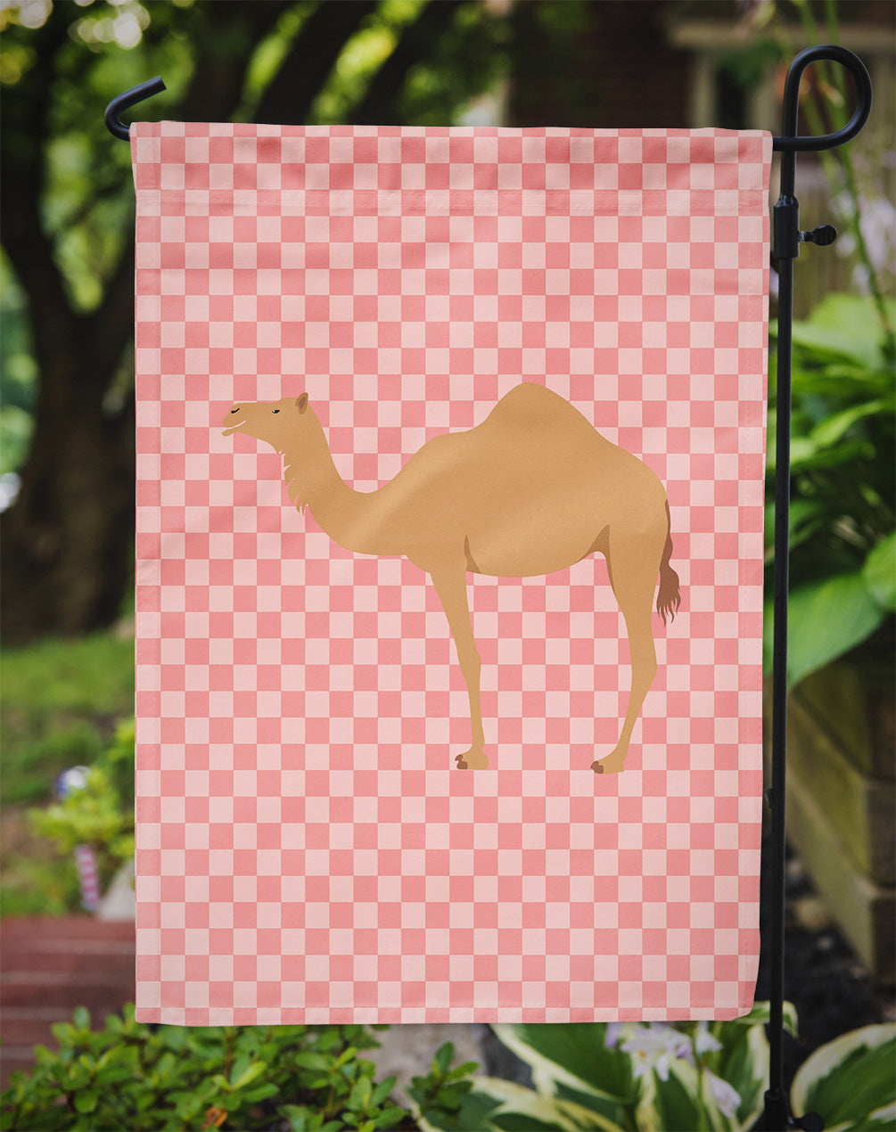 Arabian Camel Dromedary Pink Check Garden Flag - Outdoor Decorative Yard Flag