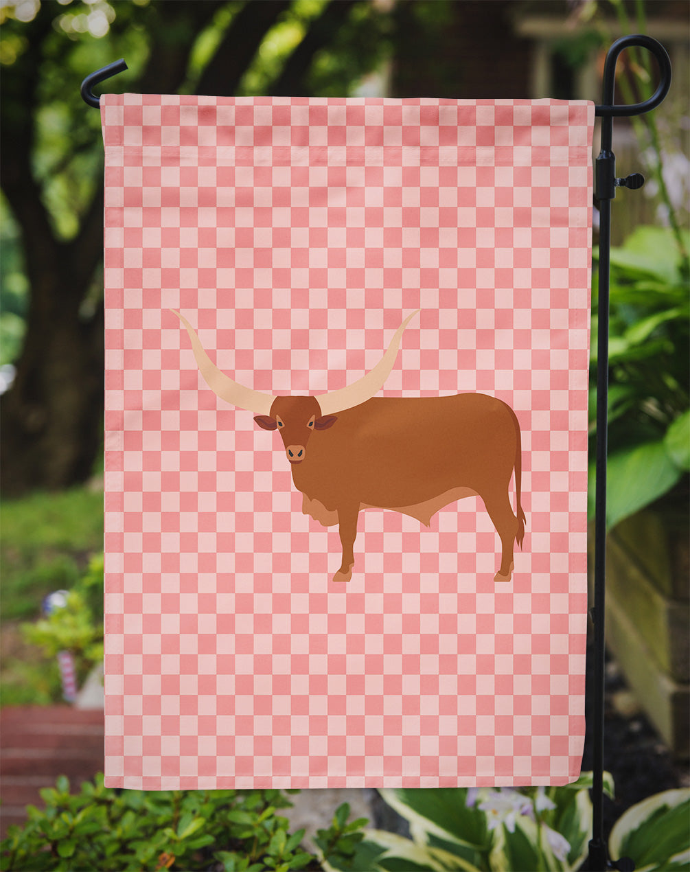 Ankole-Watusu Cow Pink Check Garden Flag - Outdoor Decorative Yard Flag
