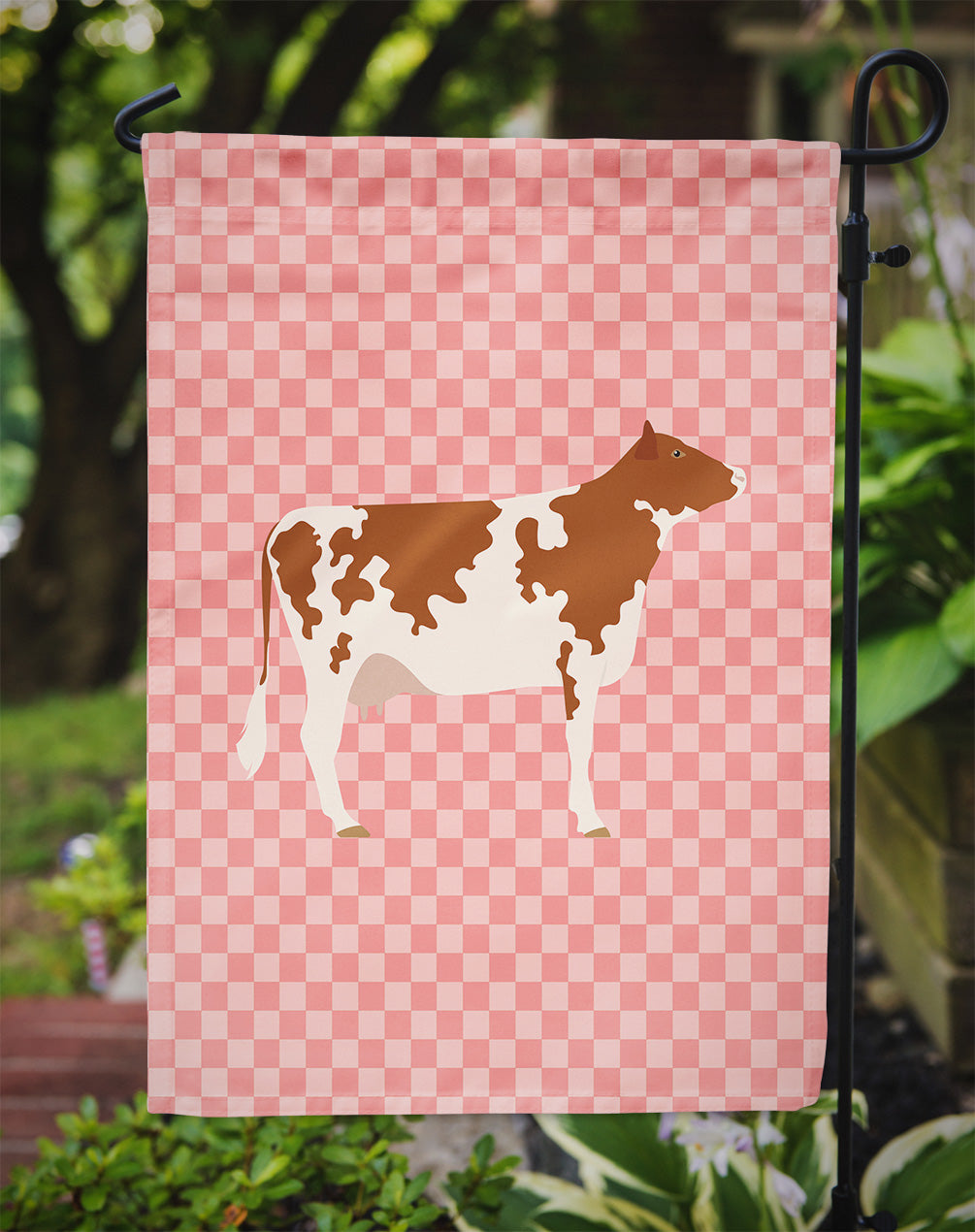 Ayrshire Cow Pink Check Garden Flag - Outdoor Decorative Yard Flag