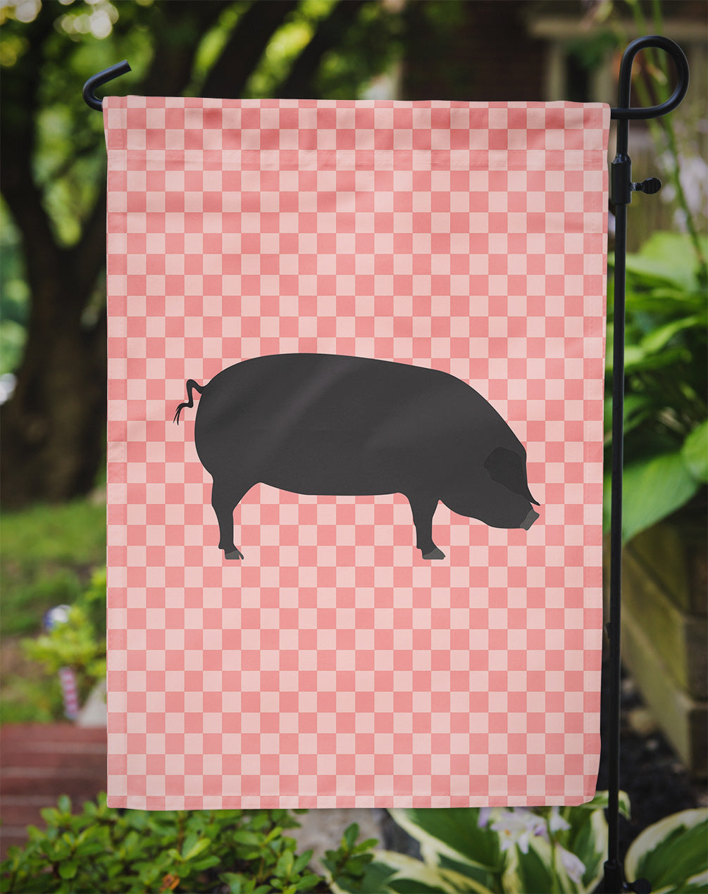 Devon Large Black Pig Pink Check Garden Flag - Outdoor Decorative Yard Flag