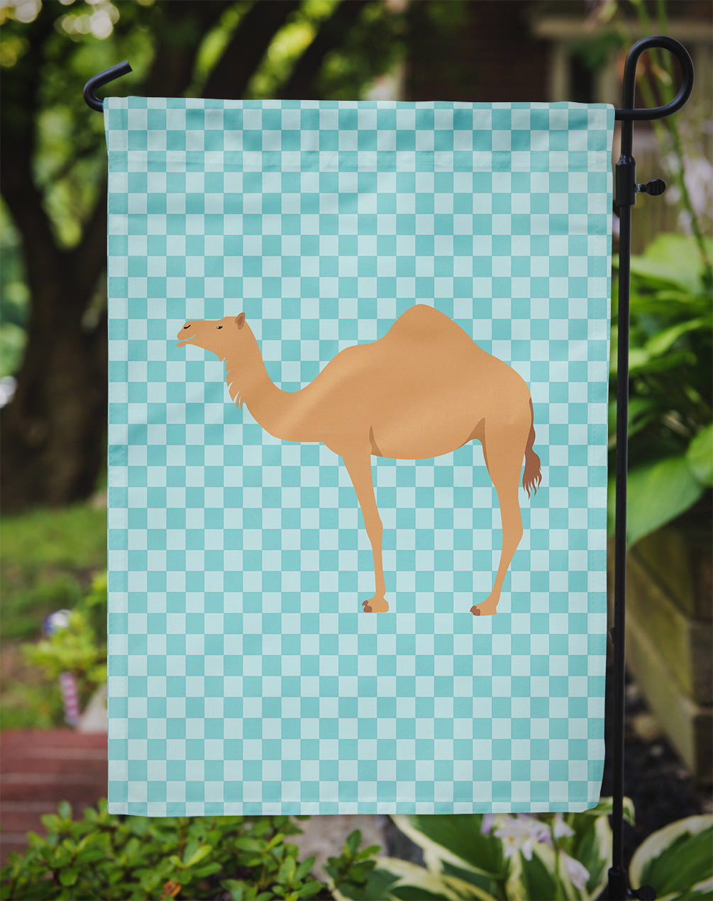 Arabian Camel Dromedary Blue Check Garden Flag - Outdoor Decorative Yard Flag