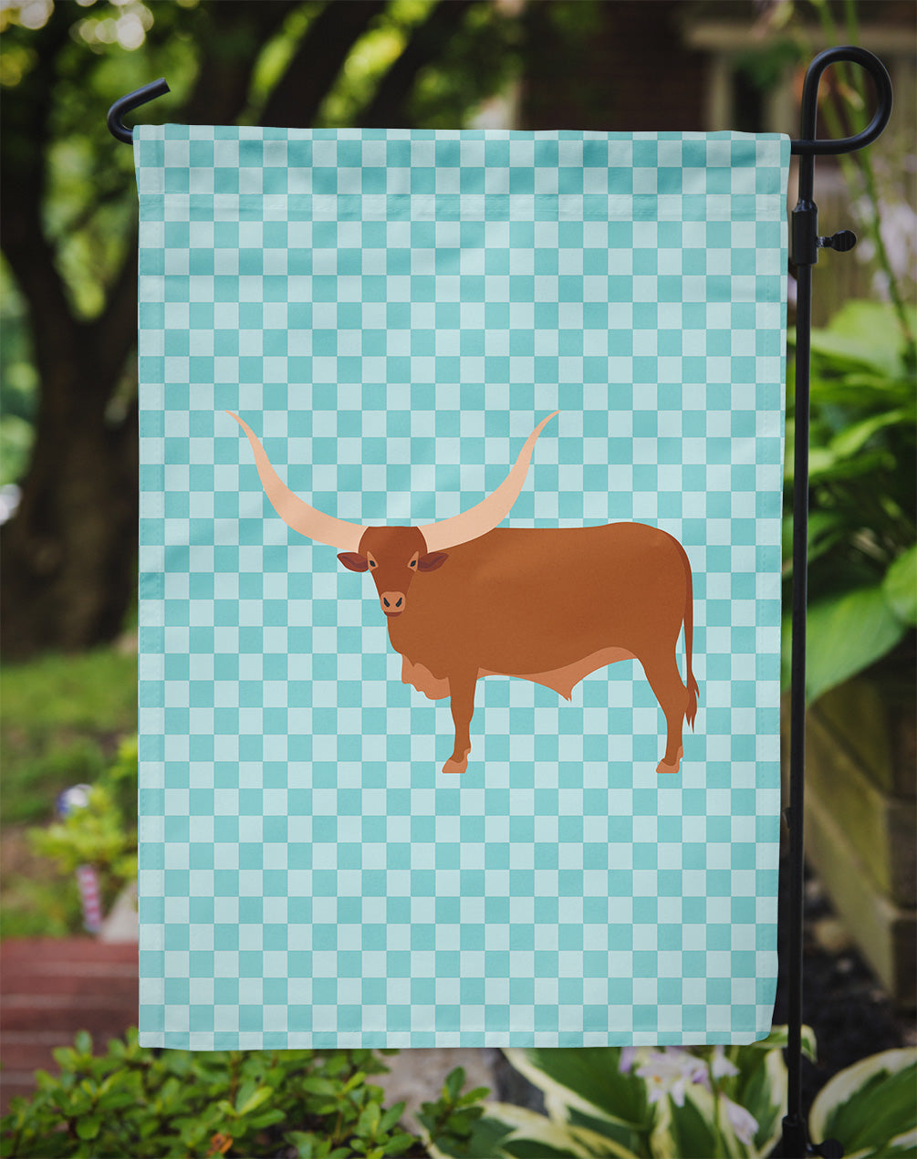 Ankole-Watusu Cow Blue Check Garden Flag - Outdoor Decorative Yard Flag