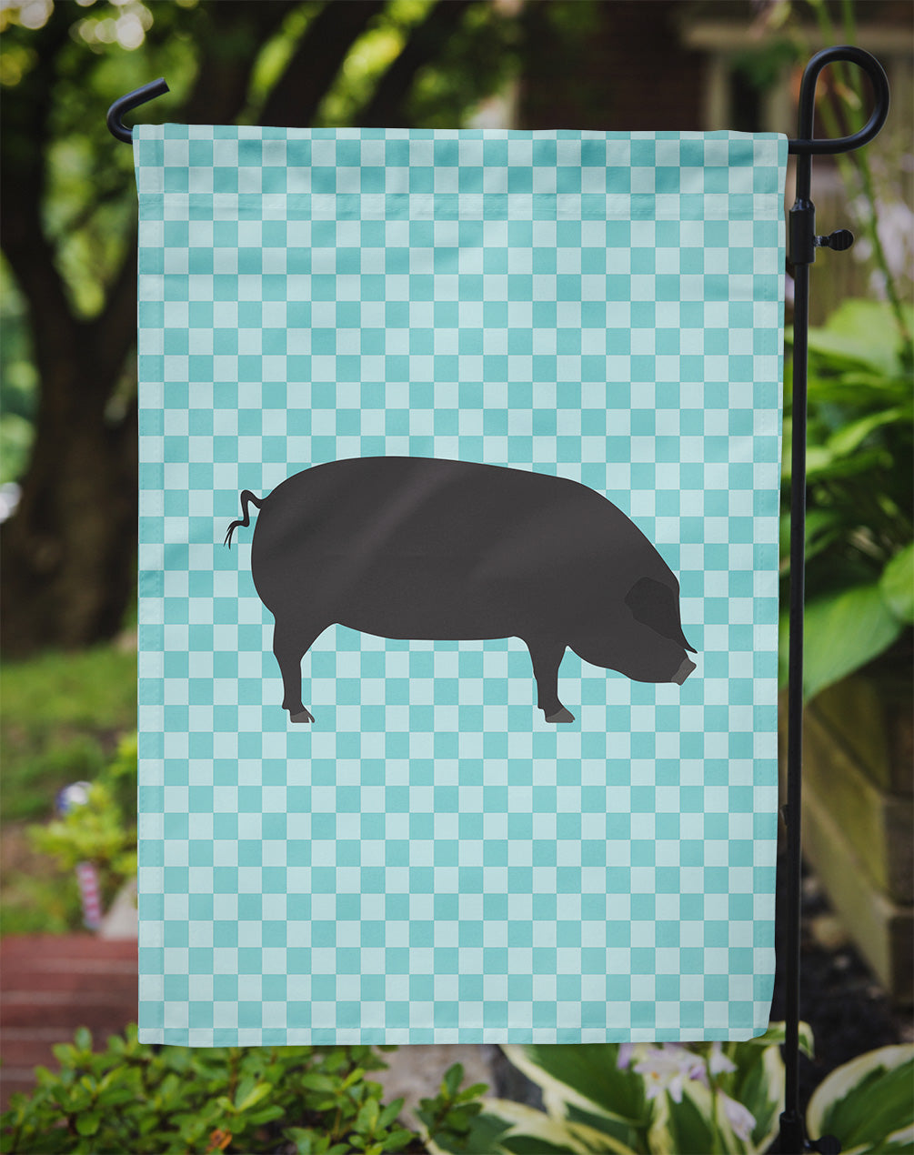 Devon Large Black Pig Blue Check Garden Flag - Outdoor Decorative Yard Flag