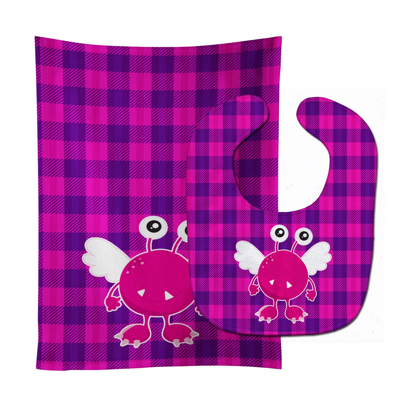 Monster Angel on Plaid Baby Bib & Burp Cloth BB9118STBU