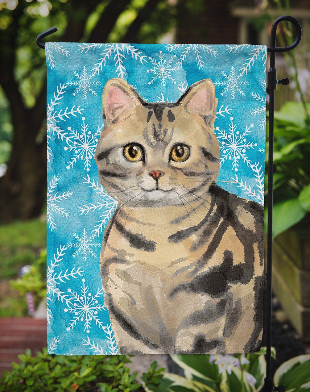 American Shorthair Brown Tabby Winter Snowflake Garden Flag - Outdoor Decorative Yard Flag CK3103GF