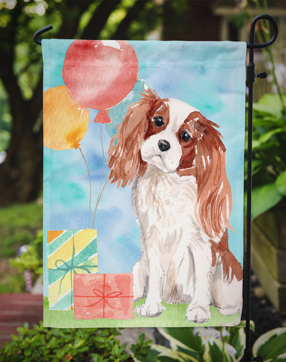 Happy Birthday Blenheim Cavalier Spaniel Garden Flag - Outdoor Decorative Yard Flag CK3227GF