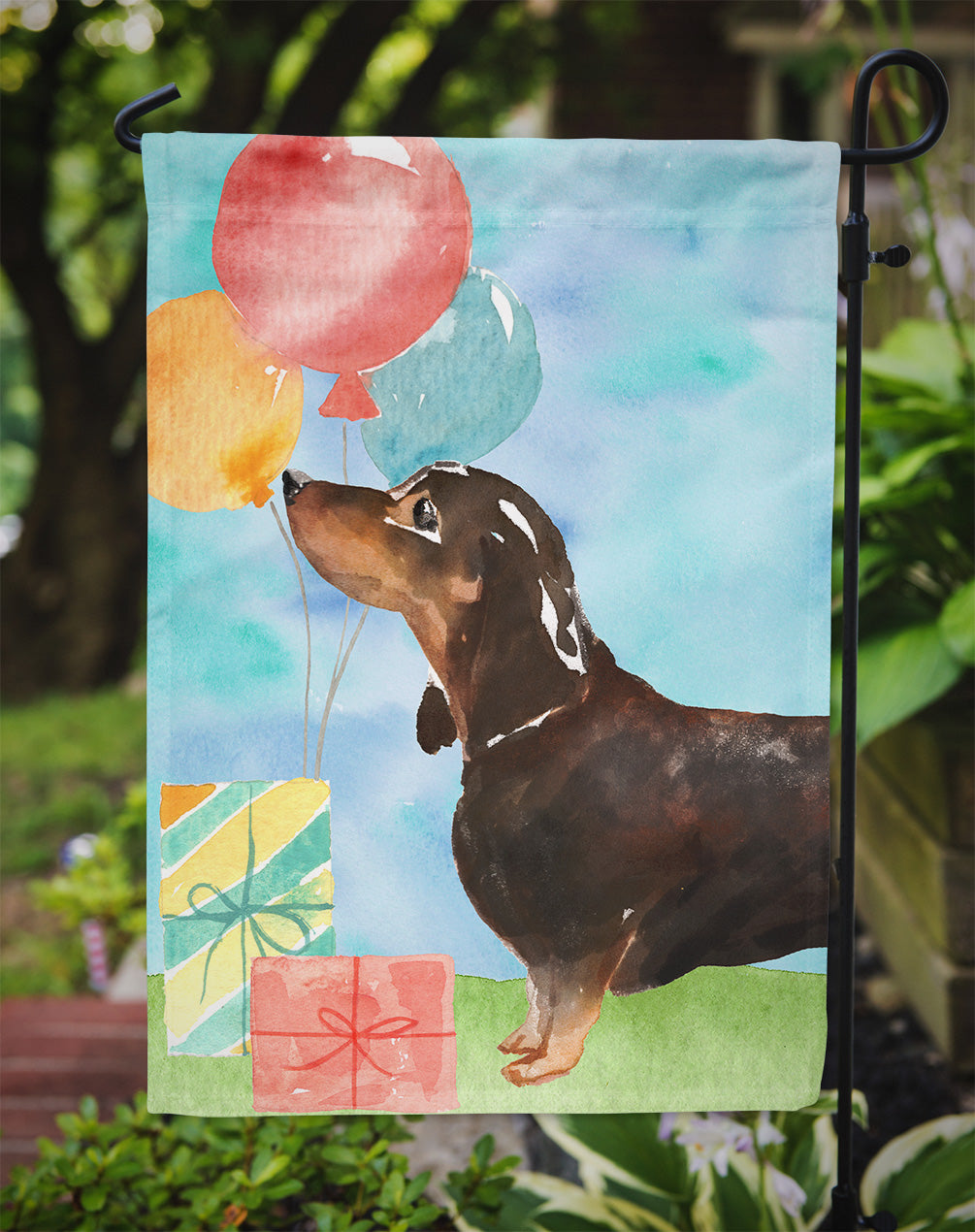 Happy Birthday Black and Tan Dachshund Garden Flag - Outdoor Decorative Yard Flag CK3239GF