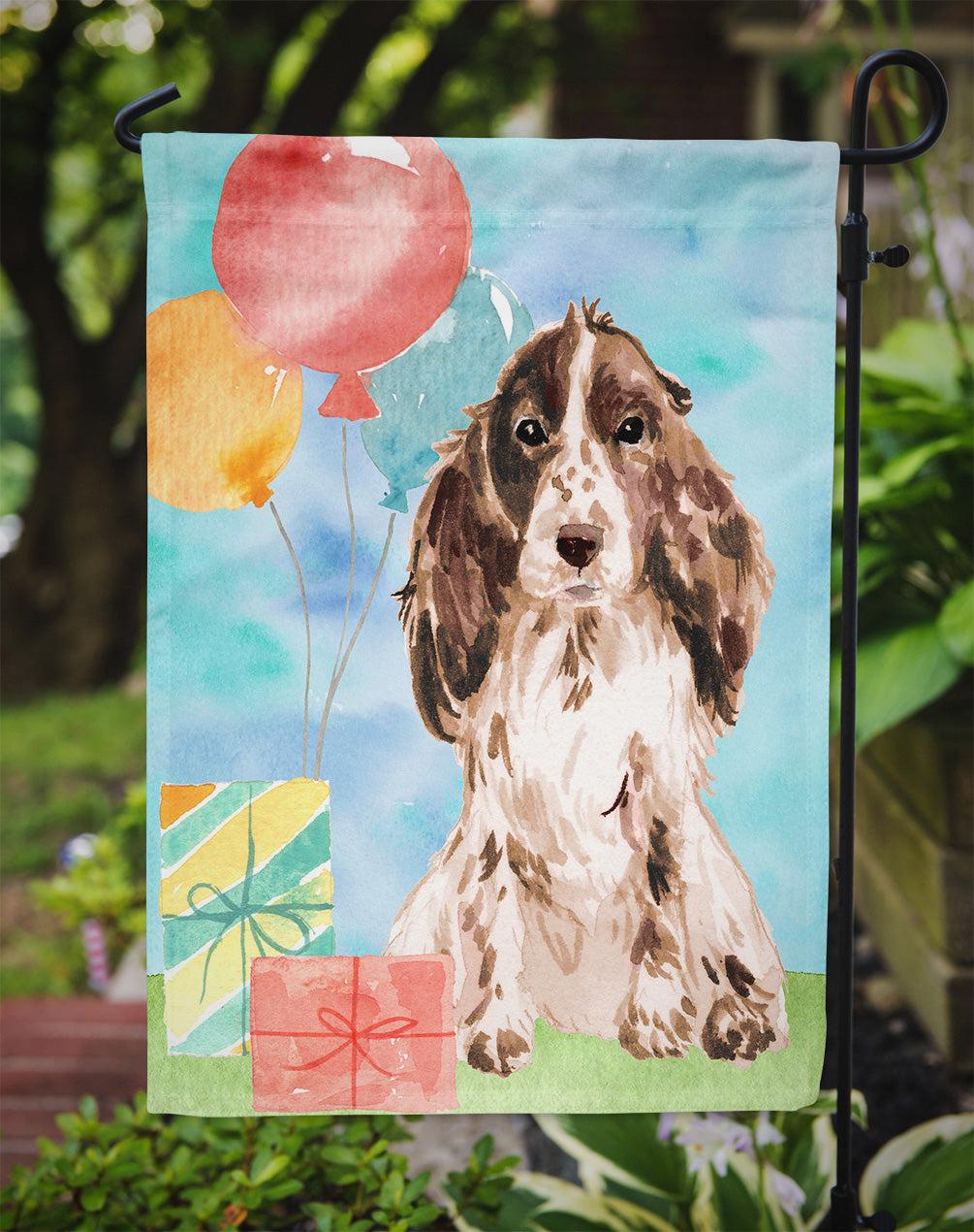 Happy Birthday Chocolate Parti Cocker Spaniel Garden Flag - Outdoor Decorative Yard Flag CK3246GF