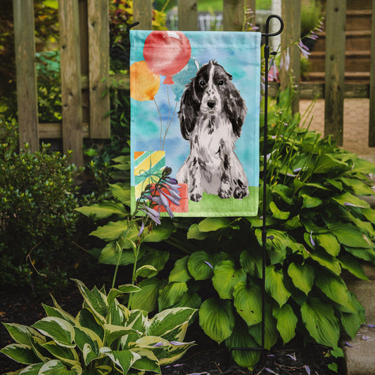 Happy Birthday Black Parti Cocker Spaniel Garden Flag - Outdoor Decorative Yard Flag CK3247GF