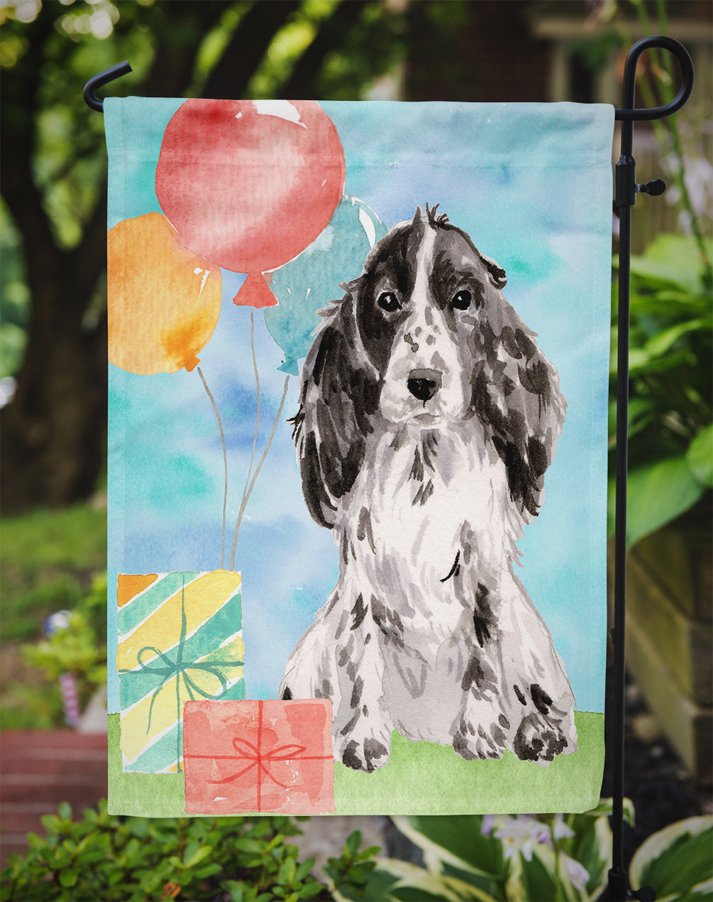 Happy Birthday Black Parti Cocker Spaniel Garden Flag - Outdoor Decorative Yard Flag CK3247GF