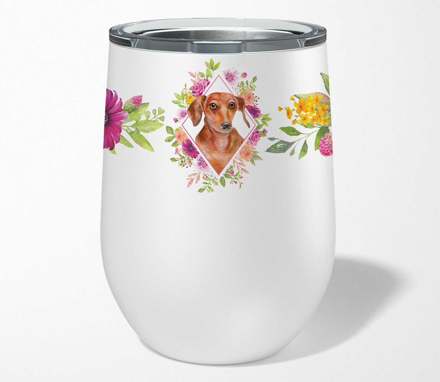 Dachshund Red #2 Pink Flowers Stainless Steel 12 oz Stemless Wine Glass CK4135TBL12