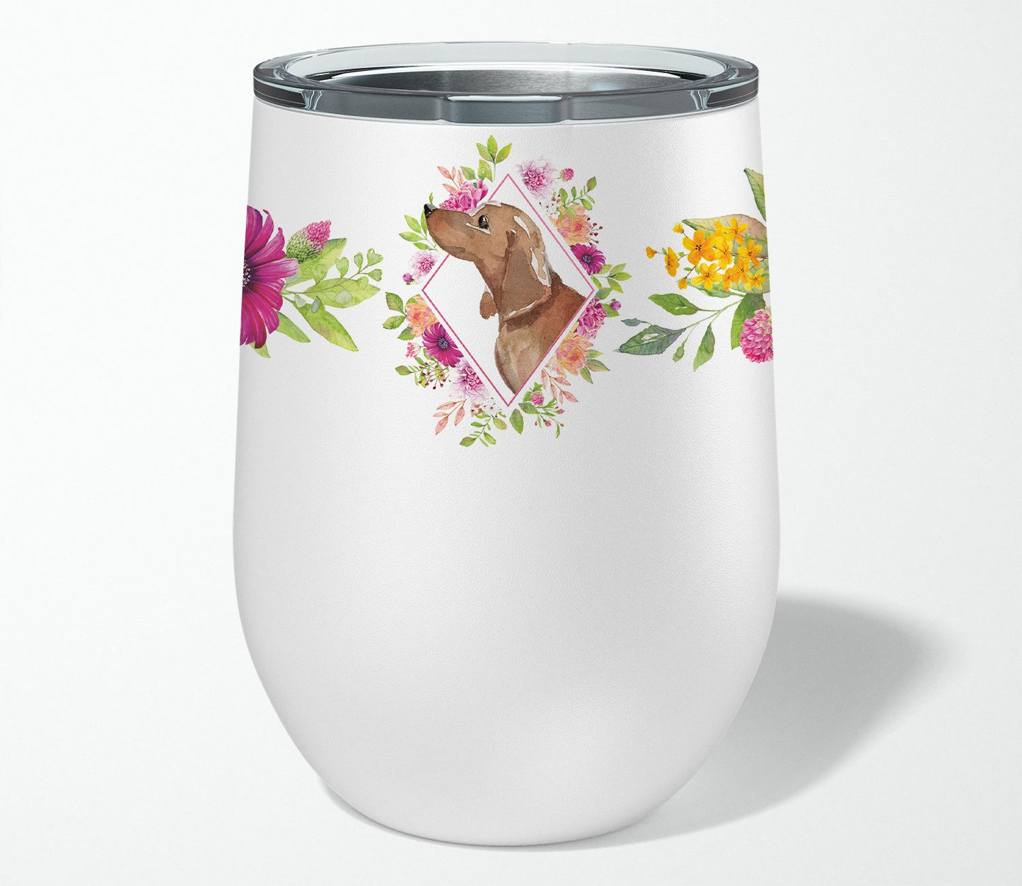 Dachshund Pink Flowers Stainless Steel 12 oz Stemless Wine Glass CK4207TBL12