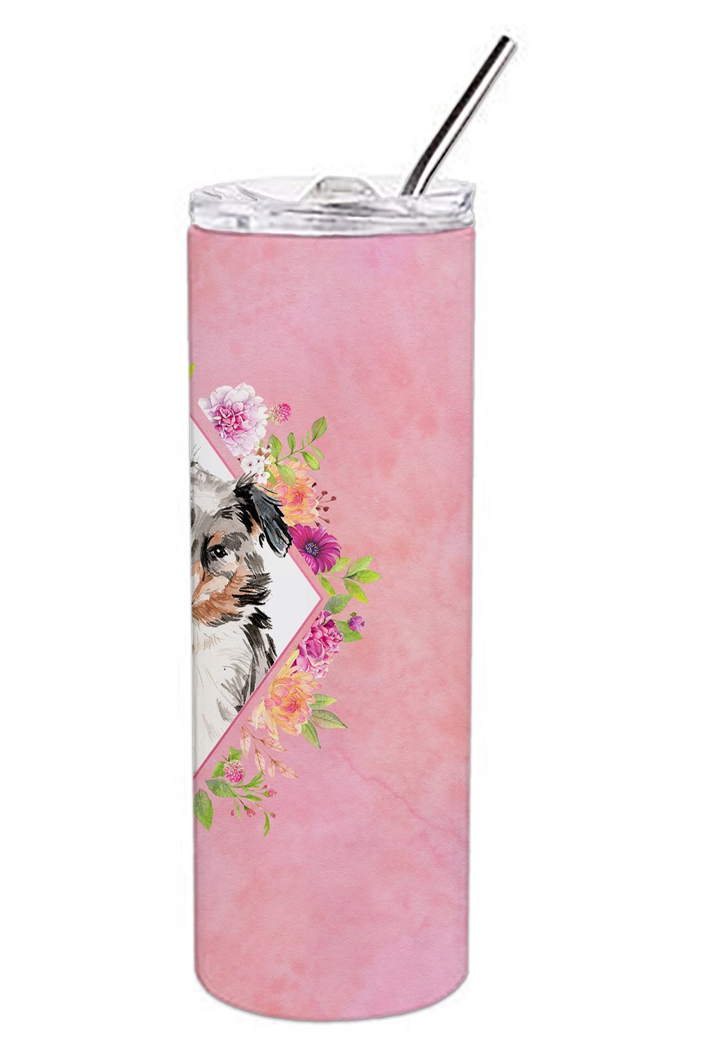 Australian Shepherd Pink Flowers Double Walled Stainless Steel 20 oz Skinny Tumbler CK4267TBL20