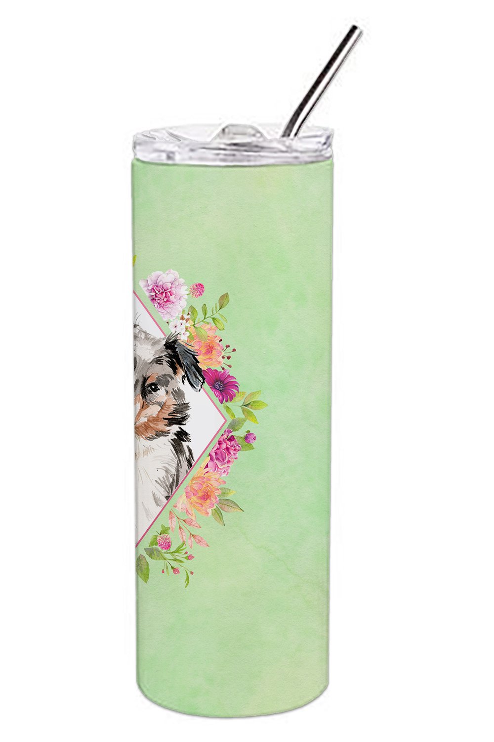 Australian Shepherd Green Flowers Double Walled Stainless Steel 20 oz Skinny Tumbler CK4427TBL20