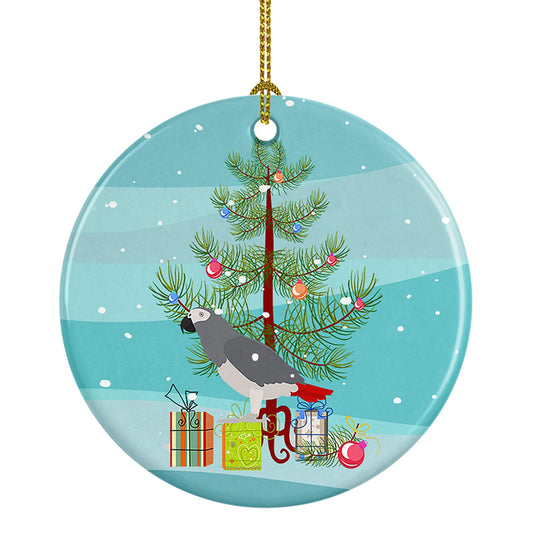 African Grey Parrot Merry Christmas Ornament - Round Ceramic Ornament – Artist-Designed Keepsake Decoration