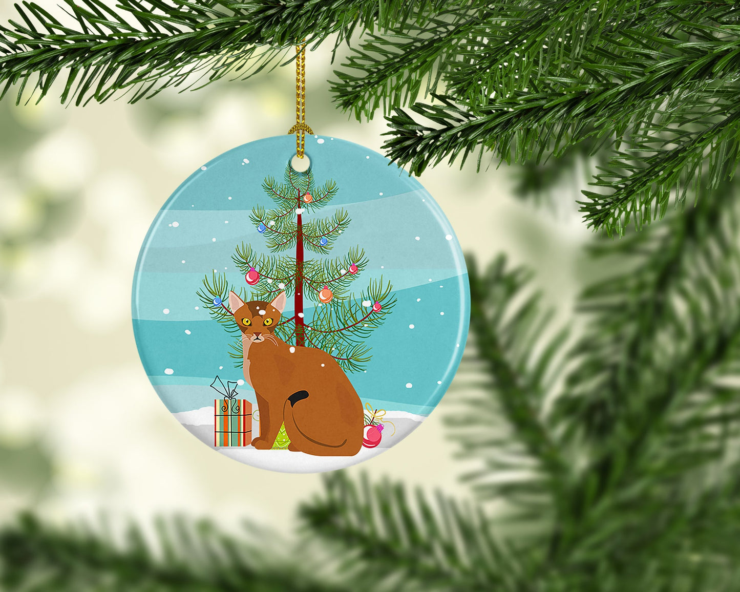 Abyssinian Cat Merry Christmas Ornament - Round Ceramic Ornament – Artist-Designed Keepsake Decoration