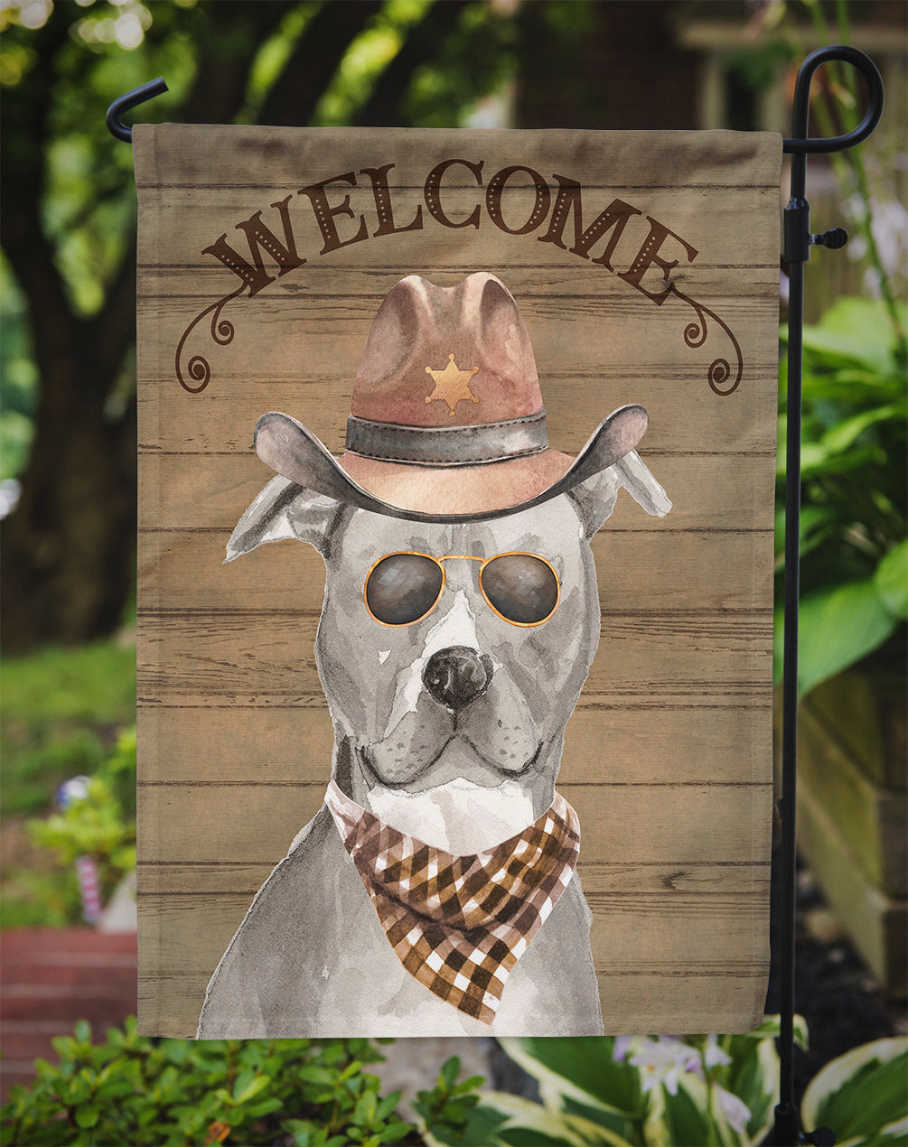 Staffordshire Bull Terrier Cowboy Dog Welcome Garden Flag – Western-Style Dog with Hat & Sunglasses CK6276GF