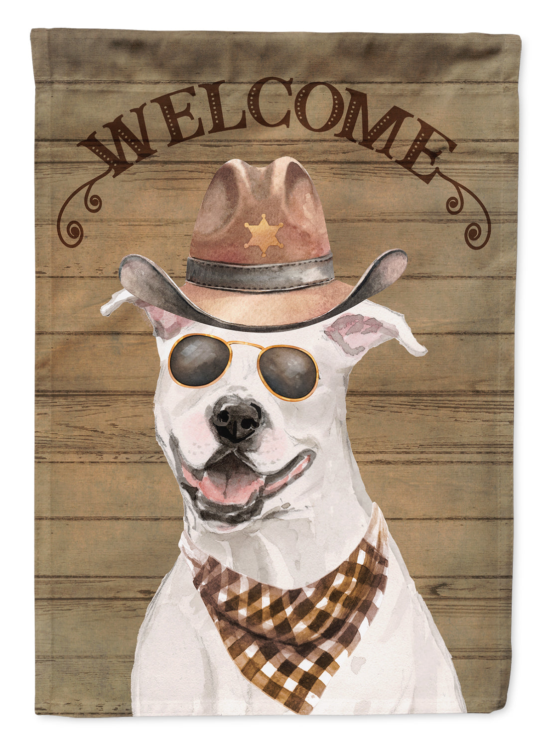 White Staffordshire Bull Terrier Cowboy Dog Welcome Garden Flag – Western-Style Dog with Hat & Sunglasses CK6277GF