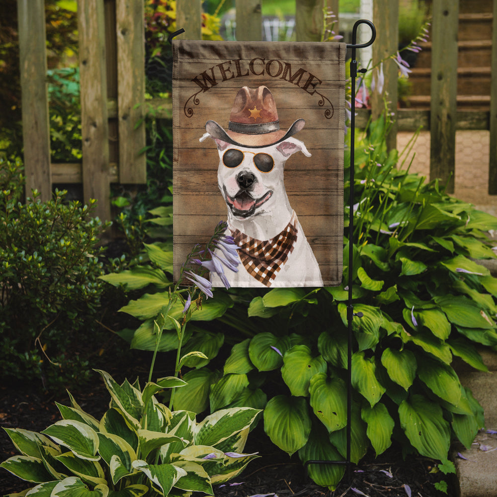 White Staffordshire Bull Terrier Cowboy Dog Welcome Garden Flag – Western-Style Dog with Hat & Sunglasses CK6277GF