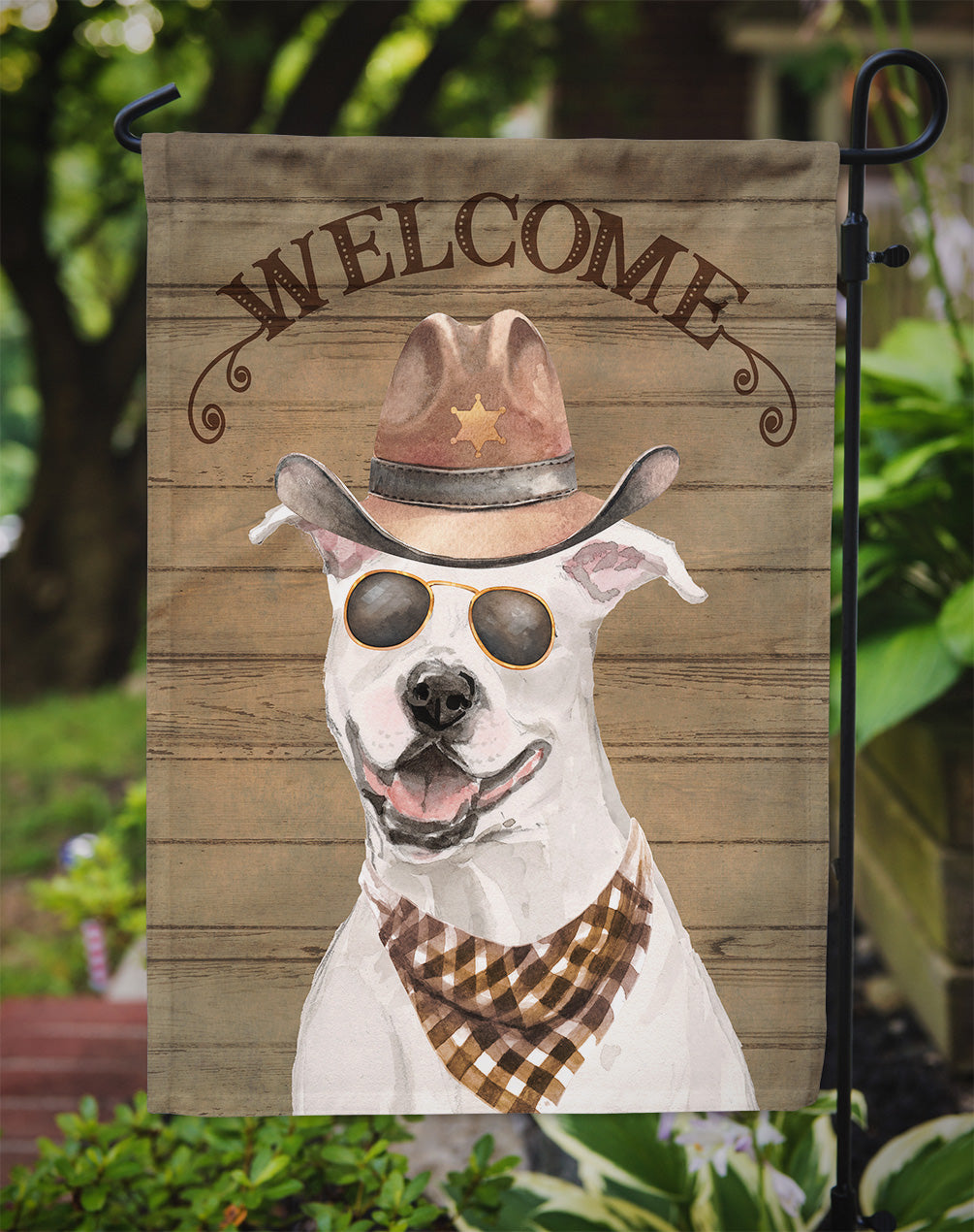 White Staffordshire Bull Terrier Cowboy Dog Welcome Garden Flag – Western-Style Dog with Hat & Sunglasses CK6277GF