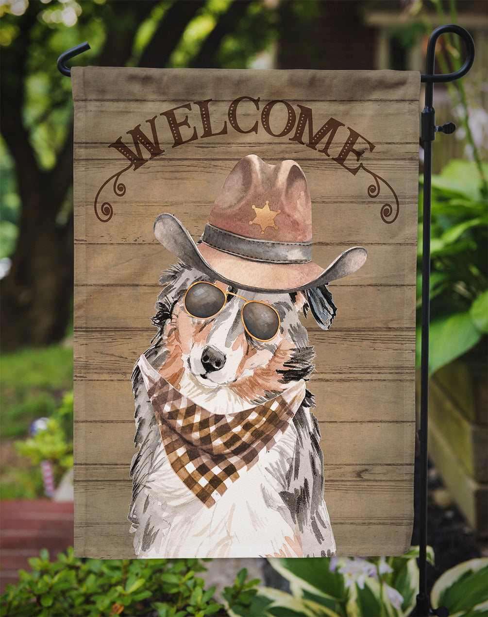 Australian Shepherd Cowboy Dog Welcome Garden Flag – Western-Style Dog with Hat & Sunglasses CK6278GF