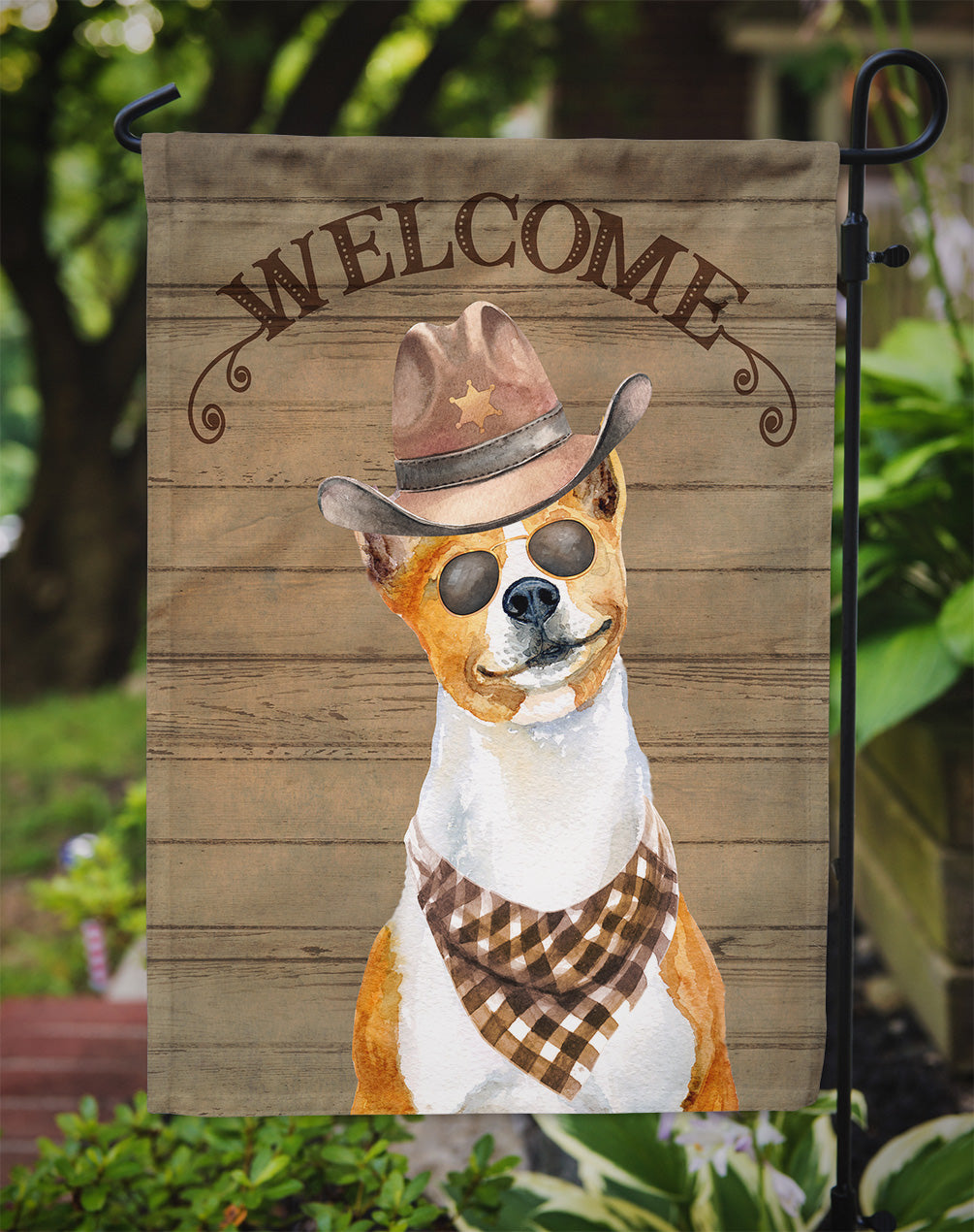 Basenji Cowboy Dog Welcome Garden Flag – Western-Style Dog with Hat & Sunglasses CK6279GF