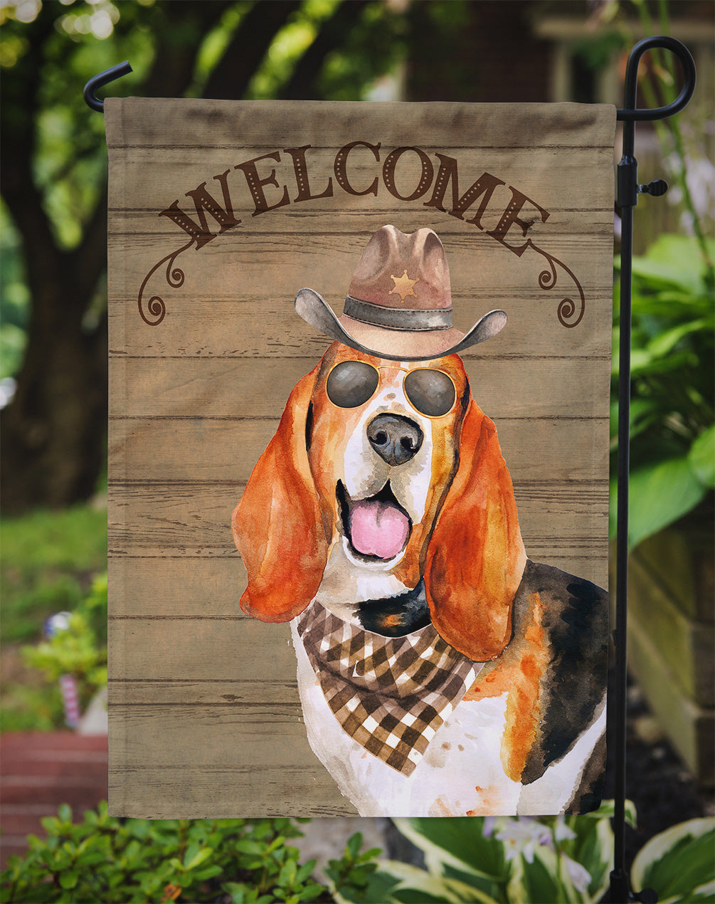 Basset Hound Cowboy Dog Welcome Garden Flag – Western-Style Dog with Hat & Sunglasses CK6280GF