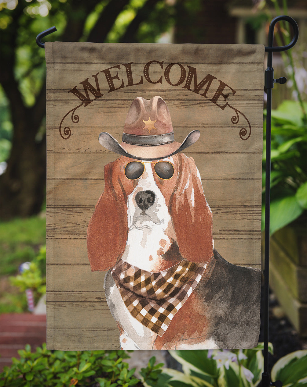 Basset Hound #2 Cowboy Dog Welcome Garden Flag – Western-Style Dog with Hat & Sunglasses CK6281GF