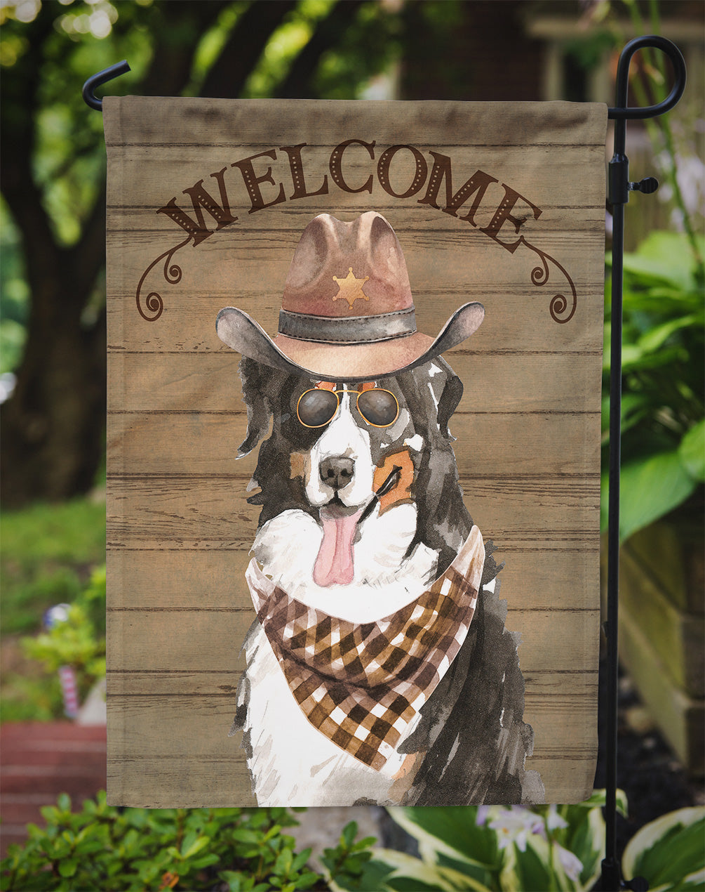 Bernese Mountain Dog Cowboy Dog Welcome Garden Flag – Western-Style Dog with Hat & Sunglasses CK6284GF