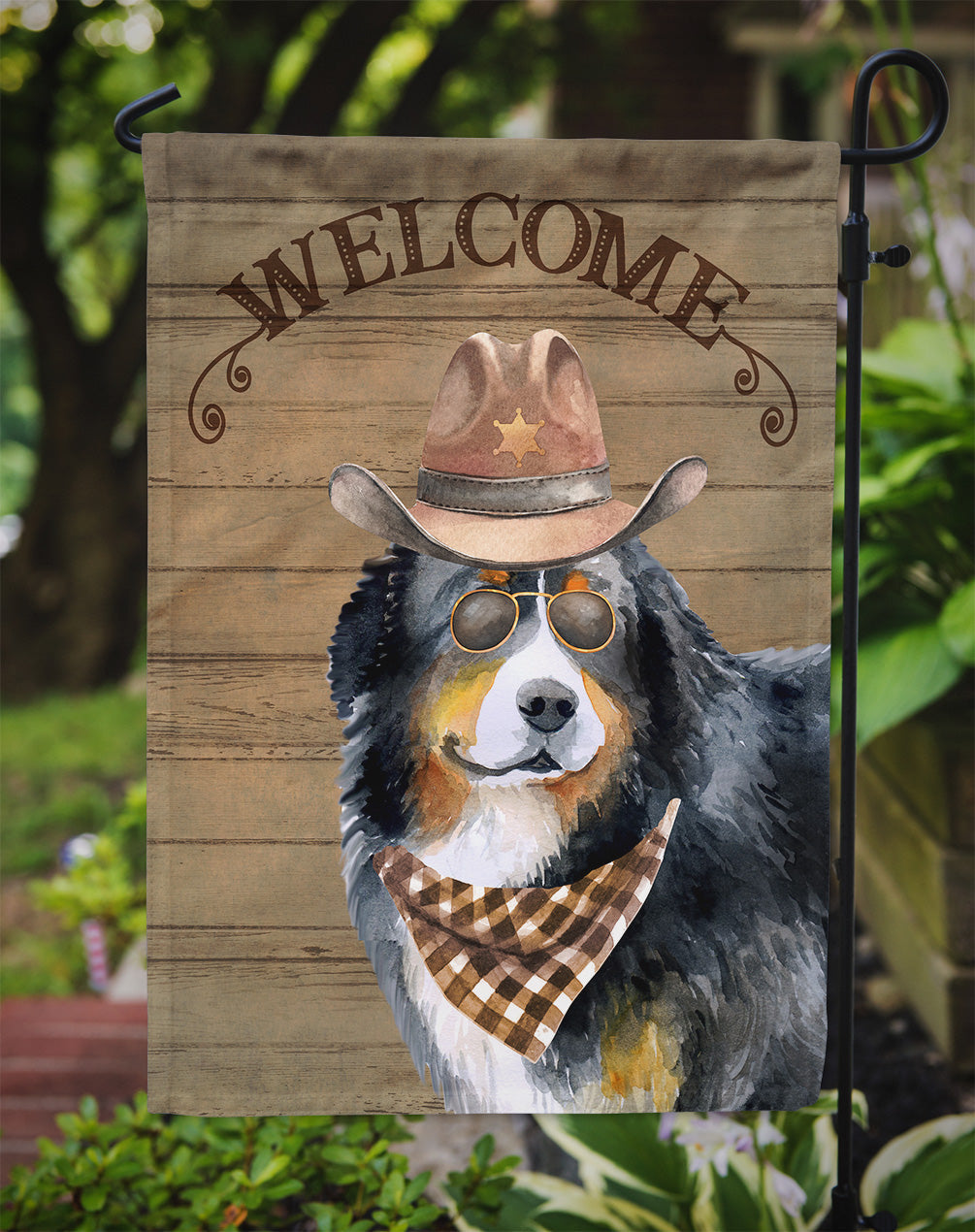 Bernese Mountain Dog #2 Cowboy Dog Welcome Garden Flag – Western-Style Dog with Hat & Sunglasses CK6285GF