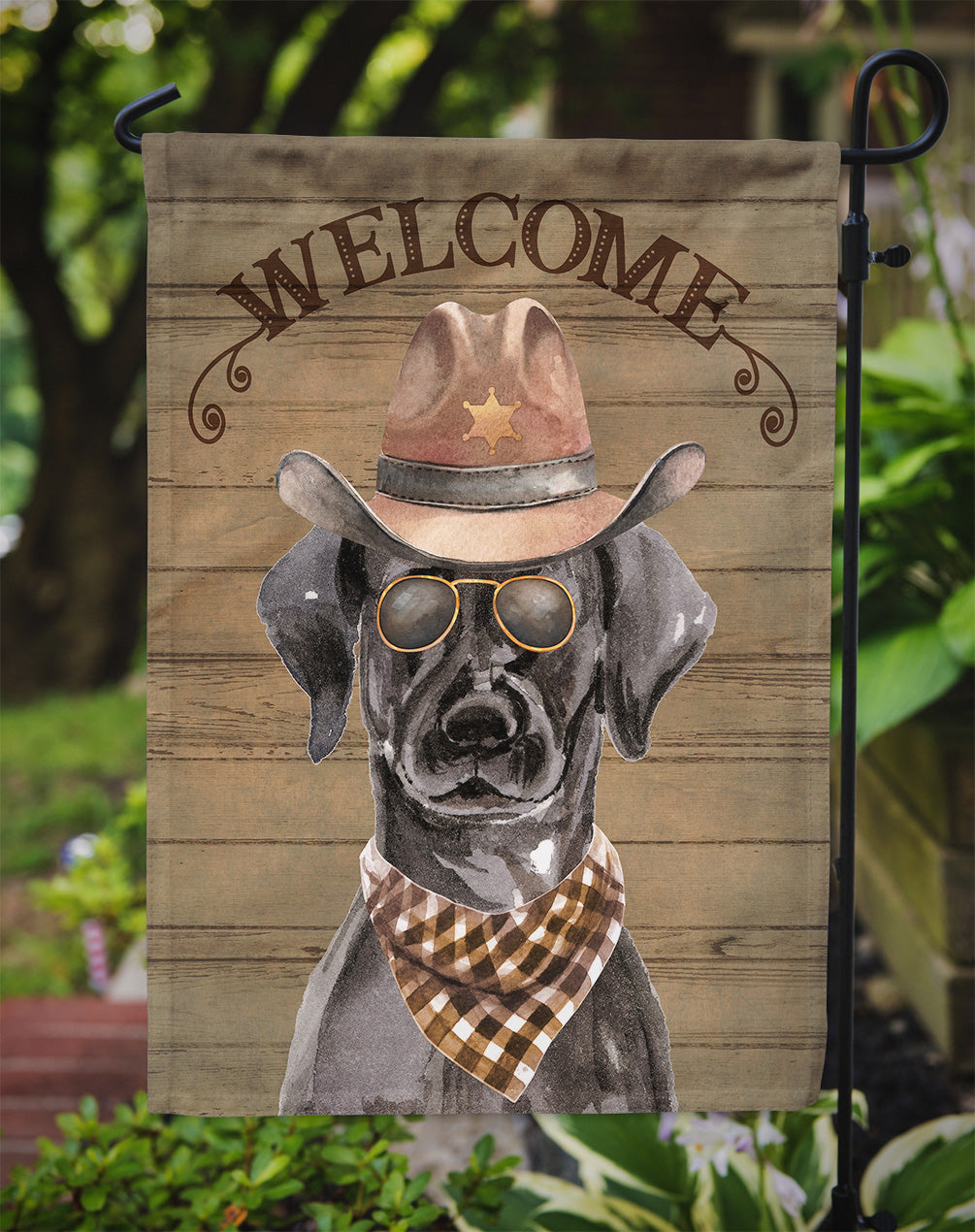Black Labrador Retriever Cowboy Dog Welcome Garden Flag – Western-Style Dog with Hat & Sunglasses CK6288GF