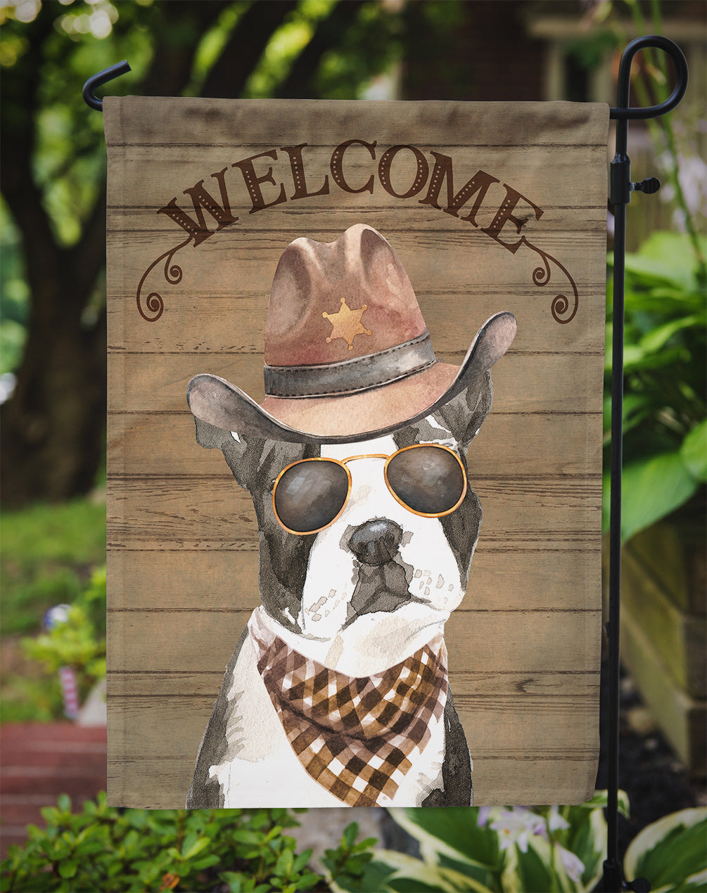 Boston Terrier Cowboy Dog Welcome Garden Flag – Western-Style Dog with Hat & Sunglasses CK6291GF